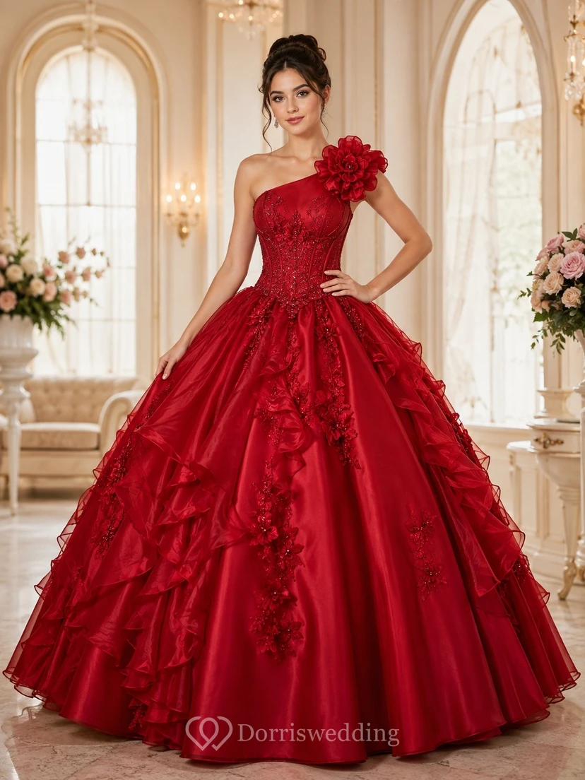 Rotes, schulterfreies Ballkleid mit floralen Applikationen für Quinceañeras