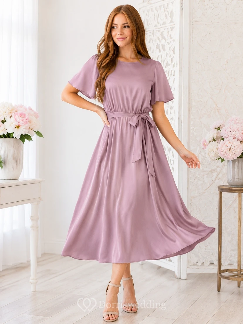 Einfaches, kurzärmeliges, lässiges Kleid mit Rundhalsausschnitt und Teelänge in A-Linie