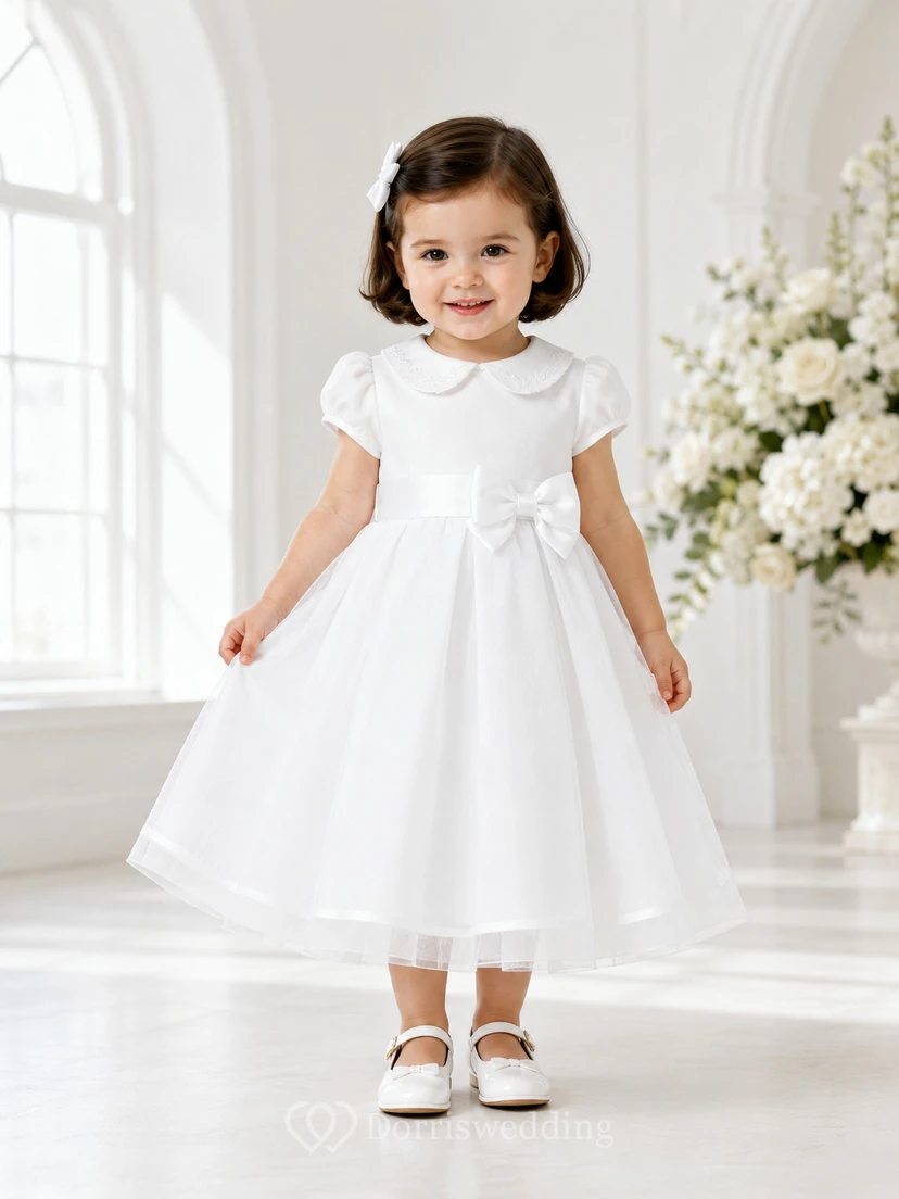 Rounded Collar Baptism Dress A-Line Cotton Tulle Short Sleeve Knee-Length Bow Back Full Skirt