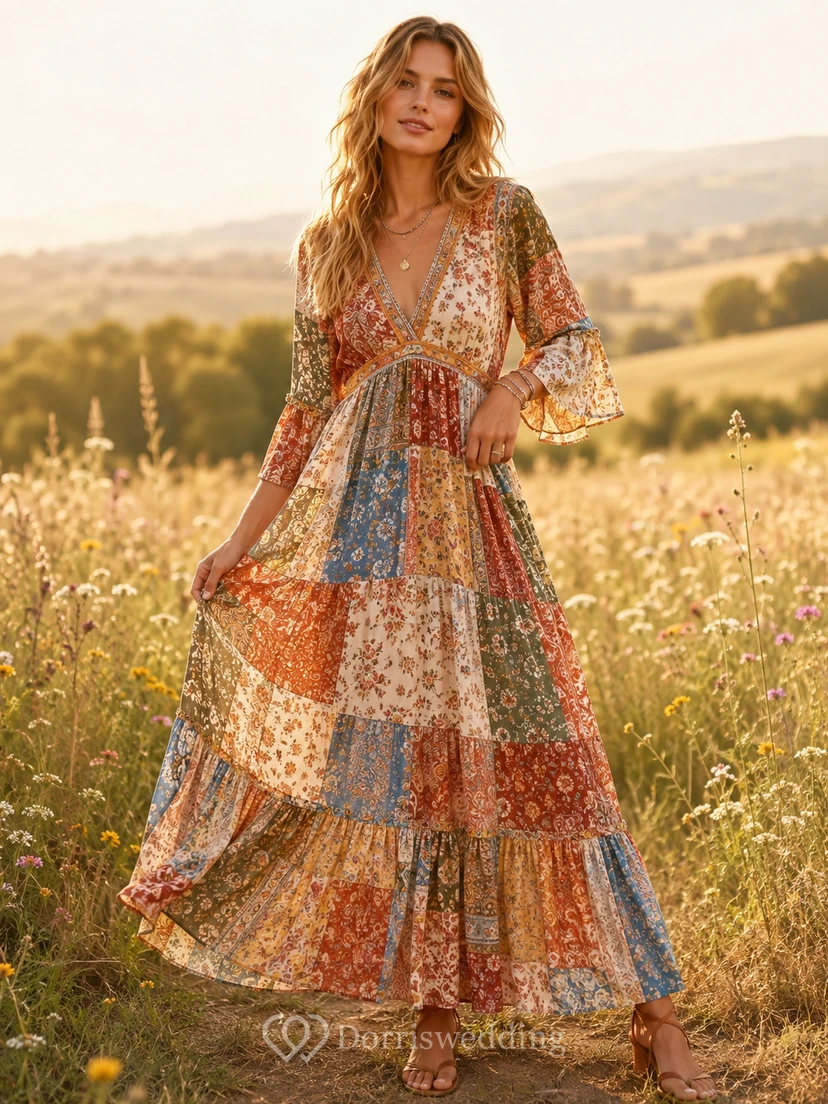 Robe maxi bohème à imprimé patchwork terre, col en V et manches cloche