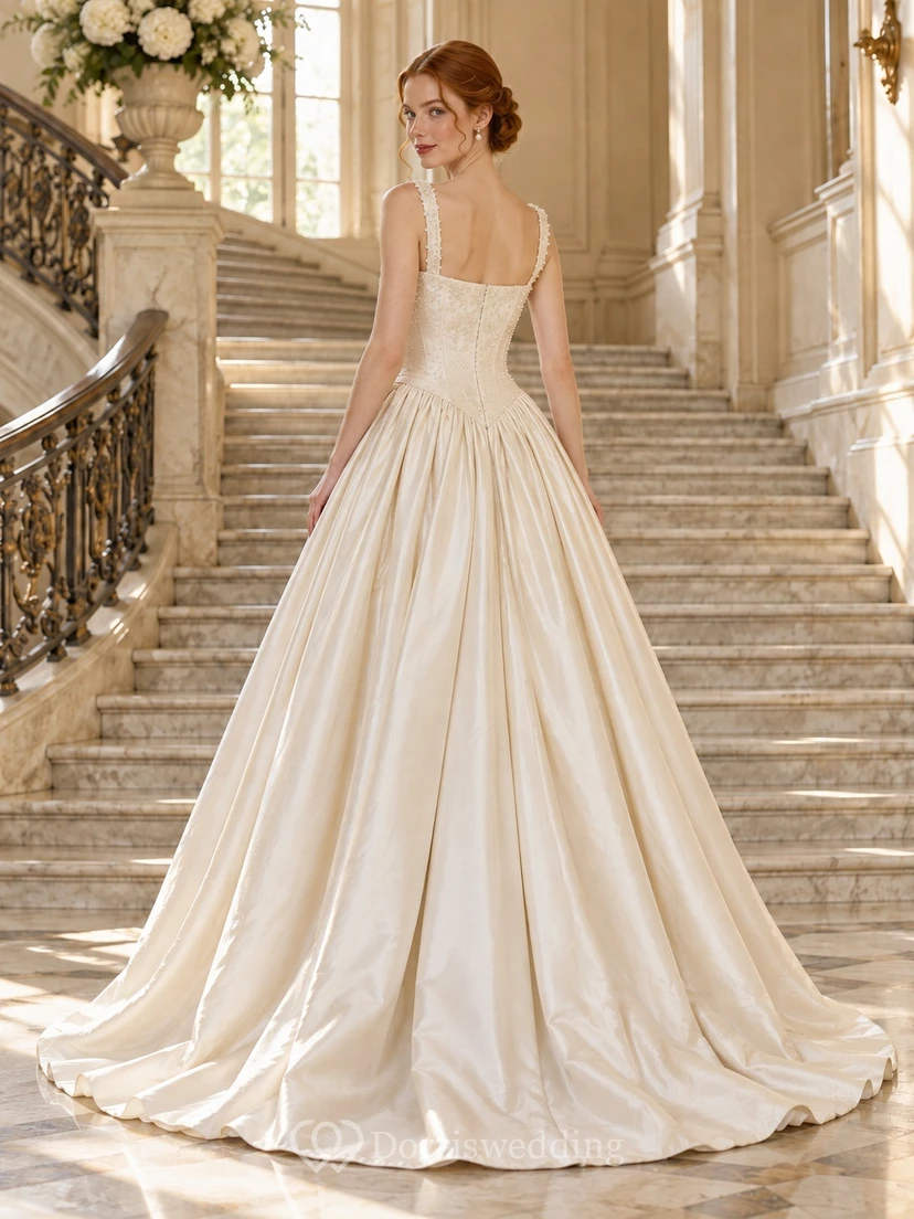 Square Neck Drop Waist Lace Bodice Satin Ball Gown Wedding Dress view 2