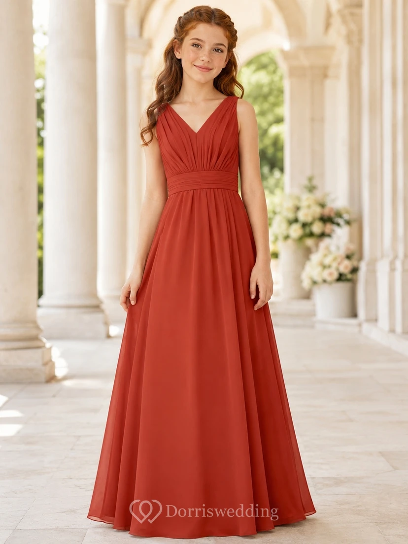 Vestido de dama de honor juvenil color bermellón, corte en A, largo hasta el suelo, escote en V, sin mangas, corpiño plisado, estilo romántico.