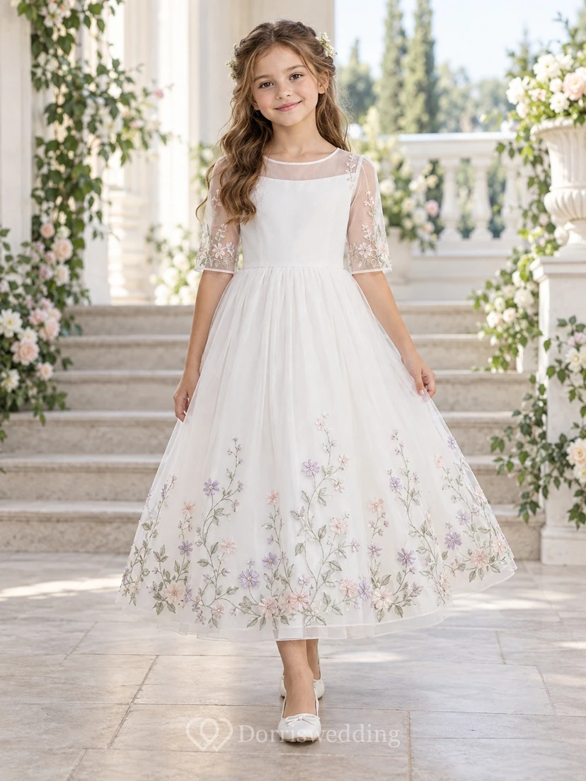 Vestido de niña de flores color marfil, corte en A, encaje, tul, largo hasta los tobillos, mangas hasta el codo, estampado botánico ilusión.