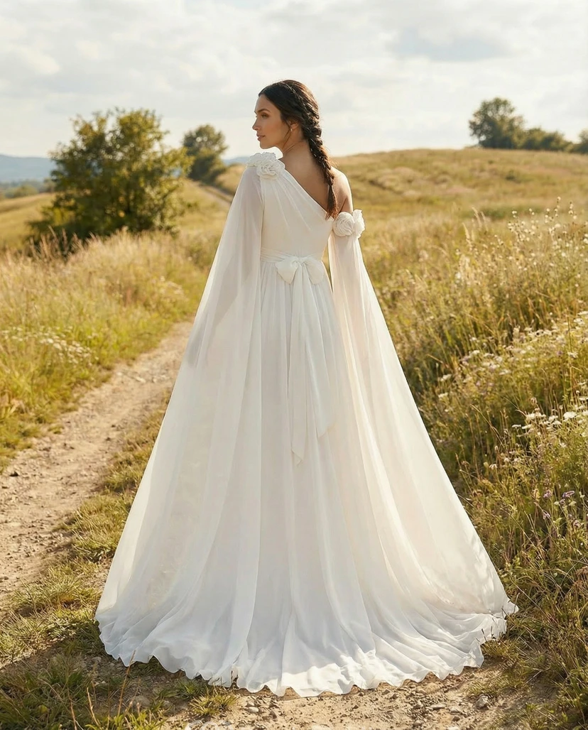 Robe de mariée de maternité blanche en dentelle à fines bretelles et traîne view 2