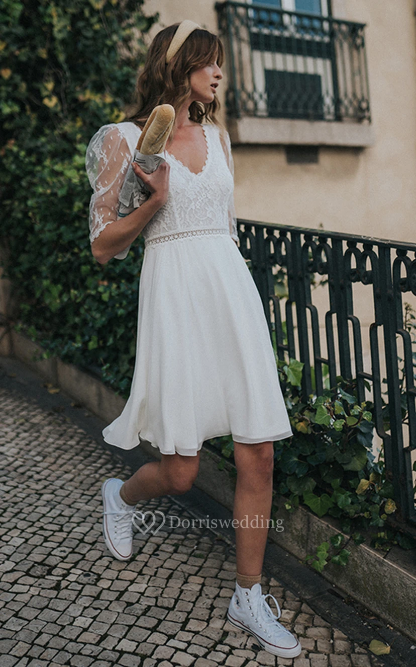 Simple A Line Knee-length Chiffon Short Bridal Dresses Gown with Ruching