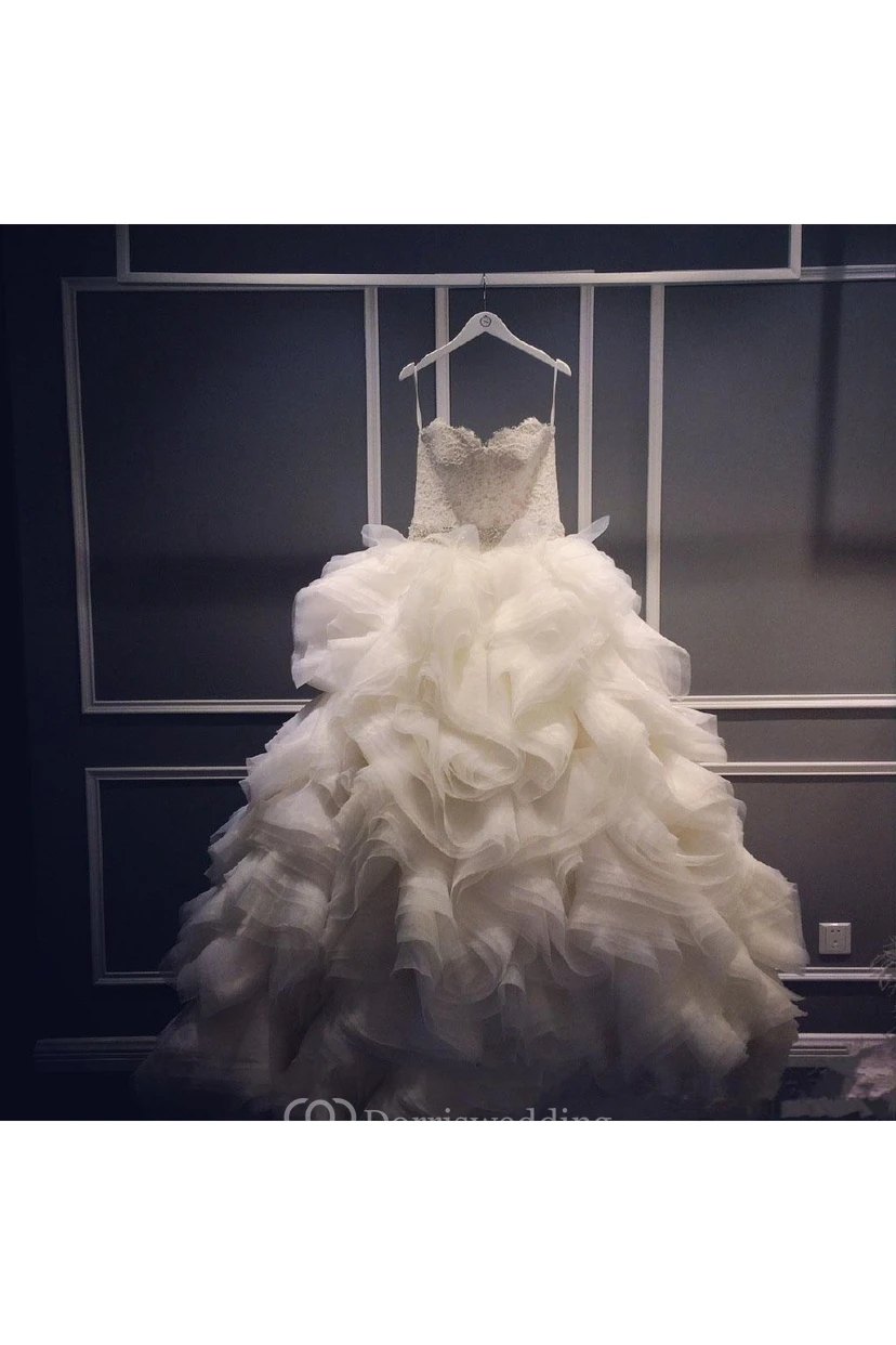 Elegant Ruffles Appliques Beadings Tulle Wedding Dress Spaghetti Strap view 3