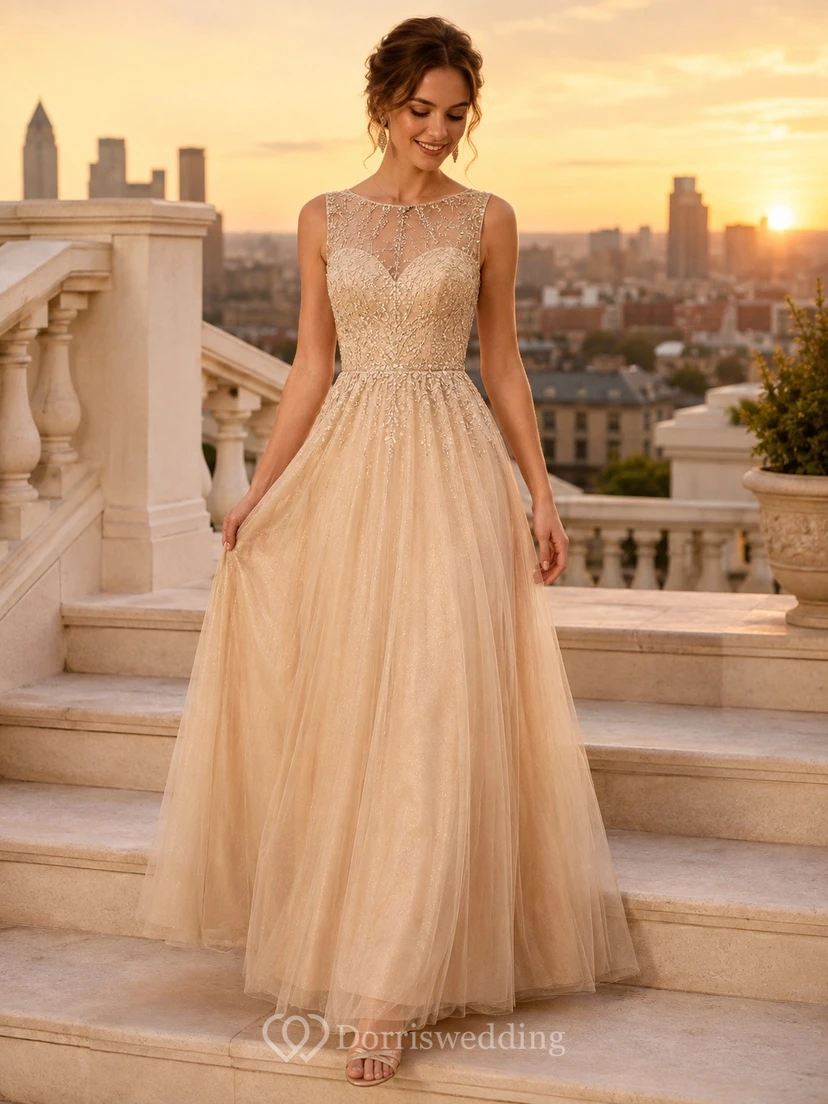 Champagne Lace V-Neck Short Sleeve Petite A-Line Gown