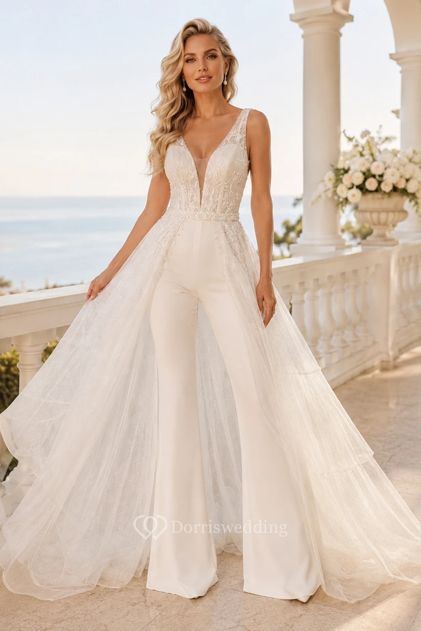 White V-Neck Lace Bridal Jumpsuit with Tulle Overskirt