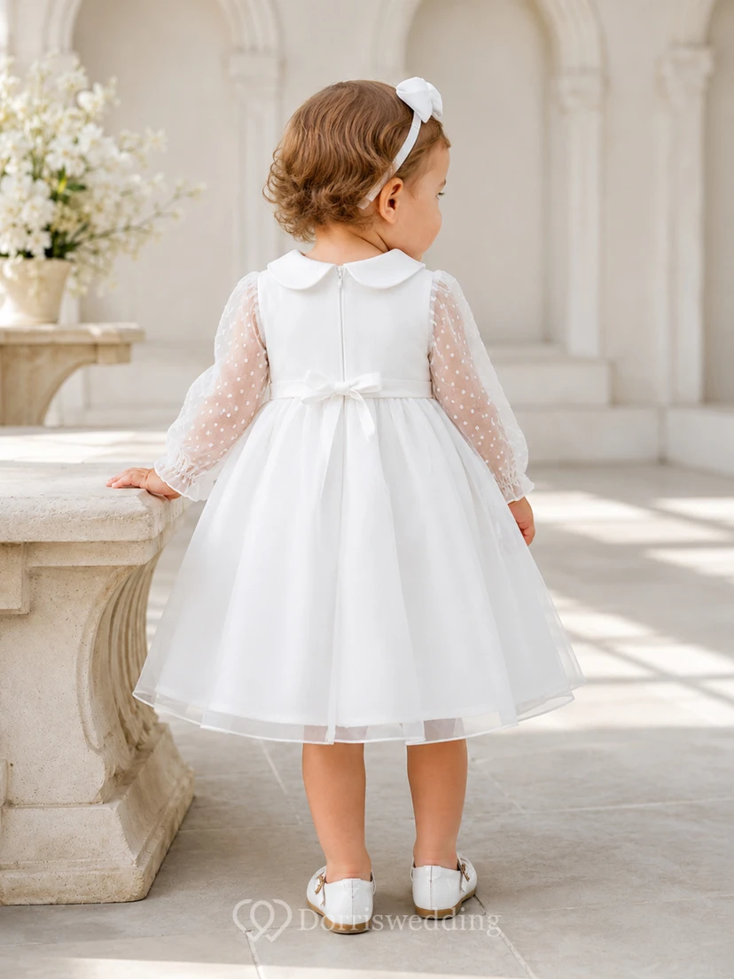 Modern Modest Baby Baptism Christening Ceremony Dress A-Line Tea-Length Jewel Neck Long Lace Sleeve Satin Lace Bow Back Button Back view 2