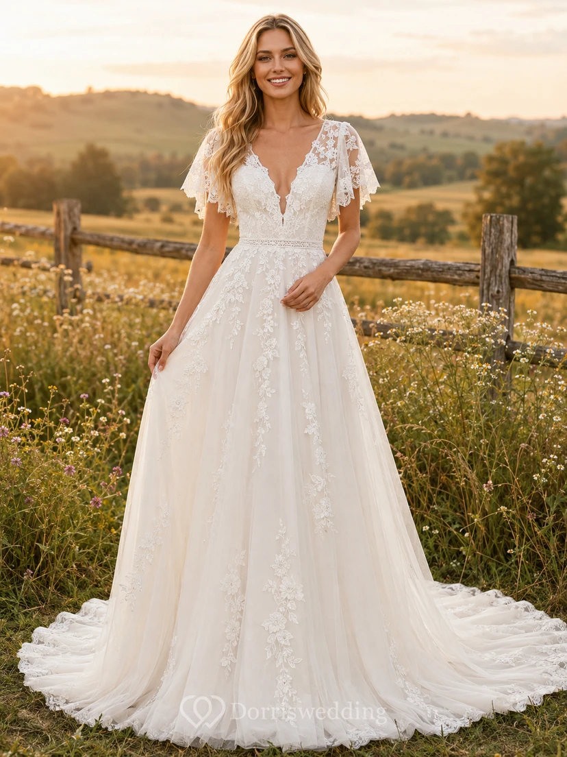 Vestido de novia de tul y encaje campestre, corte en A, hombros descubiertos, manga corta, cola de capilla, espalda baja en V.