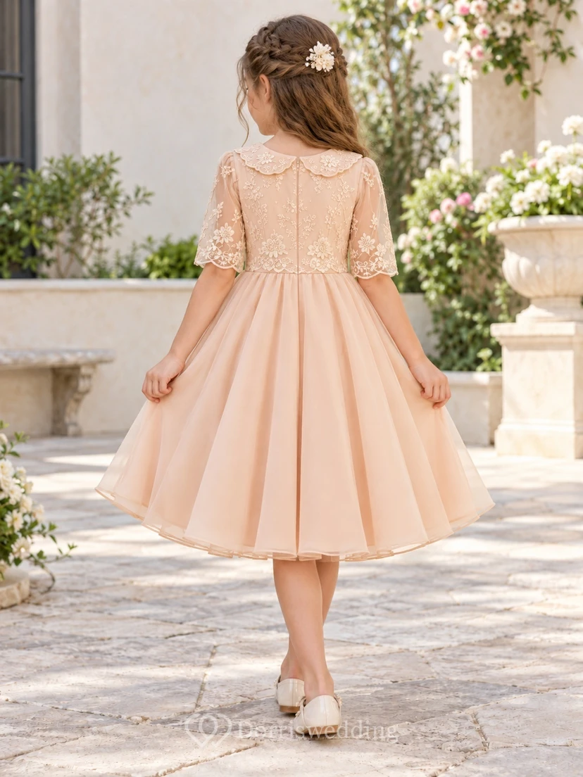 Blush Lace Collar Elbow Sleeve Chiffon Flower Girl Dress view 2