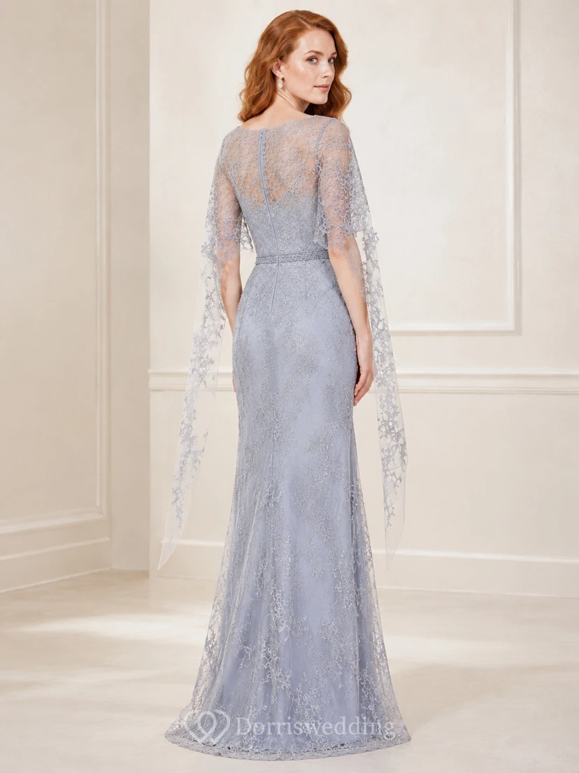 Silver Blue Lace Cape Sleeve Sheath Mother Dress view 2