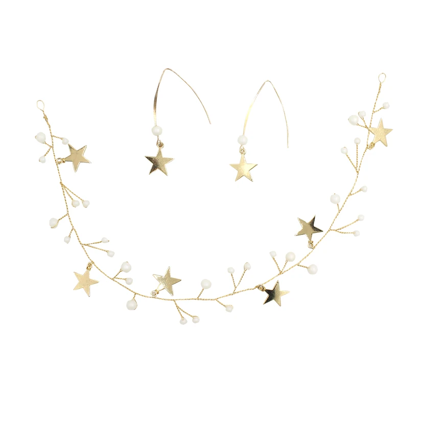 Golden Beaded Bridal Headbands and Earrings with Stars  view 3