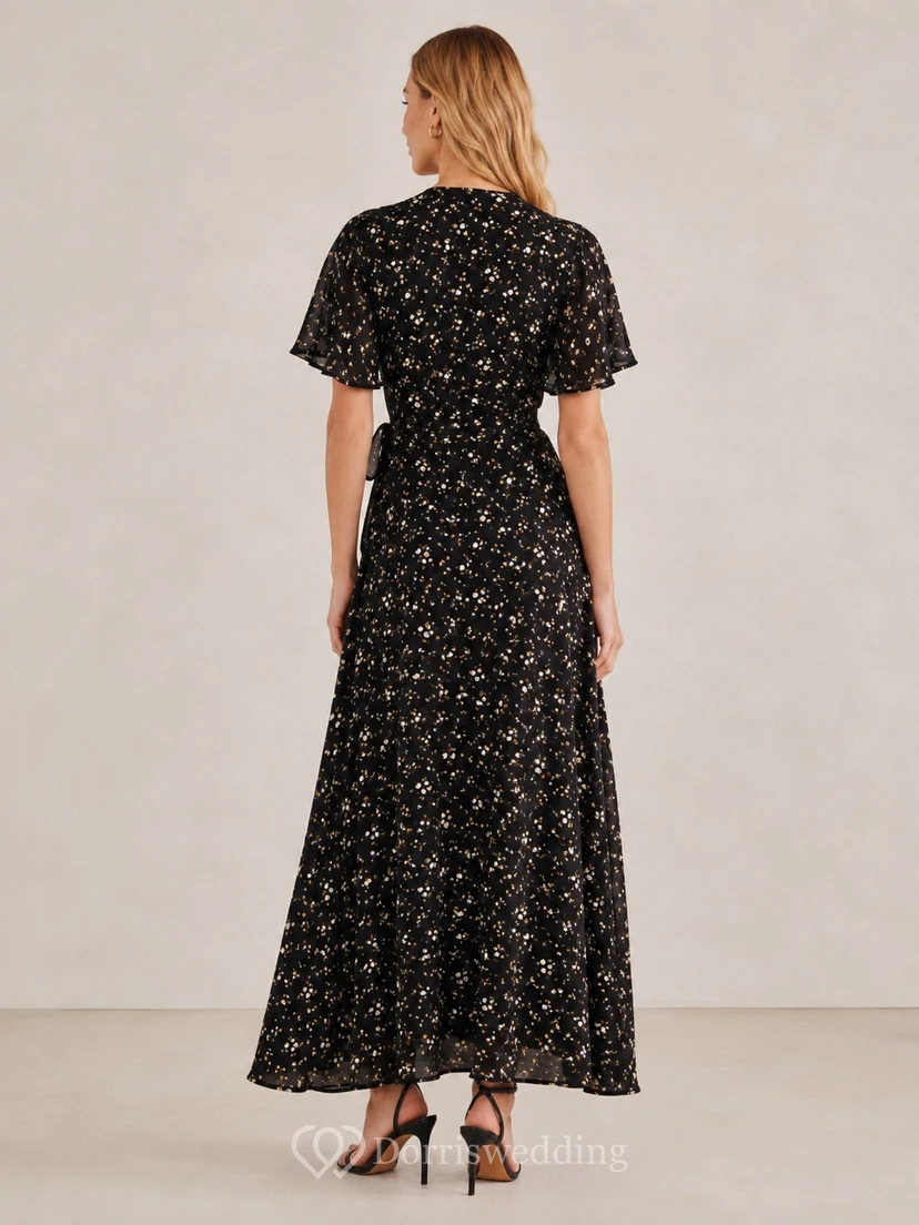 Robe décontractée en mousseline noire à fleurs, col en V, manches courtes, coupe trapèze, longueur midi view 2