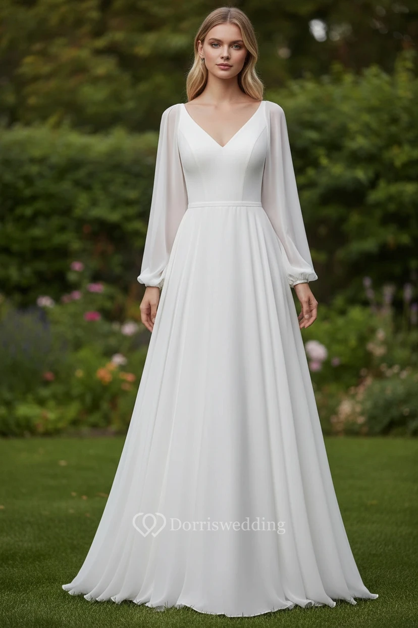 Long Sleeve V-Neck Chiffon A-line Simple Wedding Dress view 2