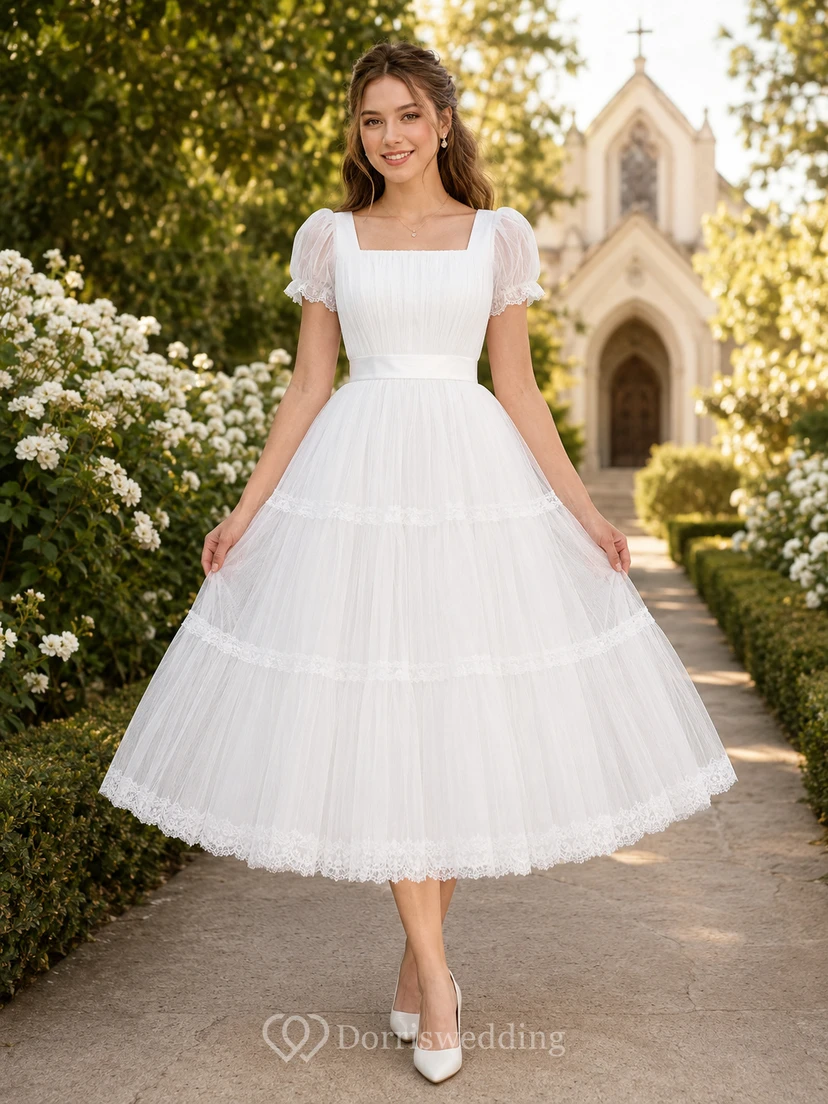 Square Neck Puff Sleeve Tulle Communion Girl Dress