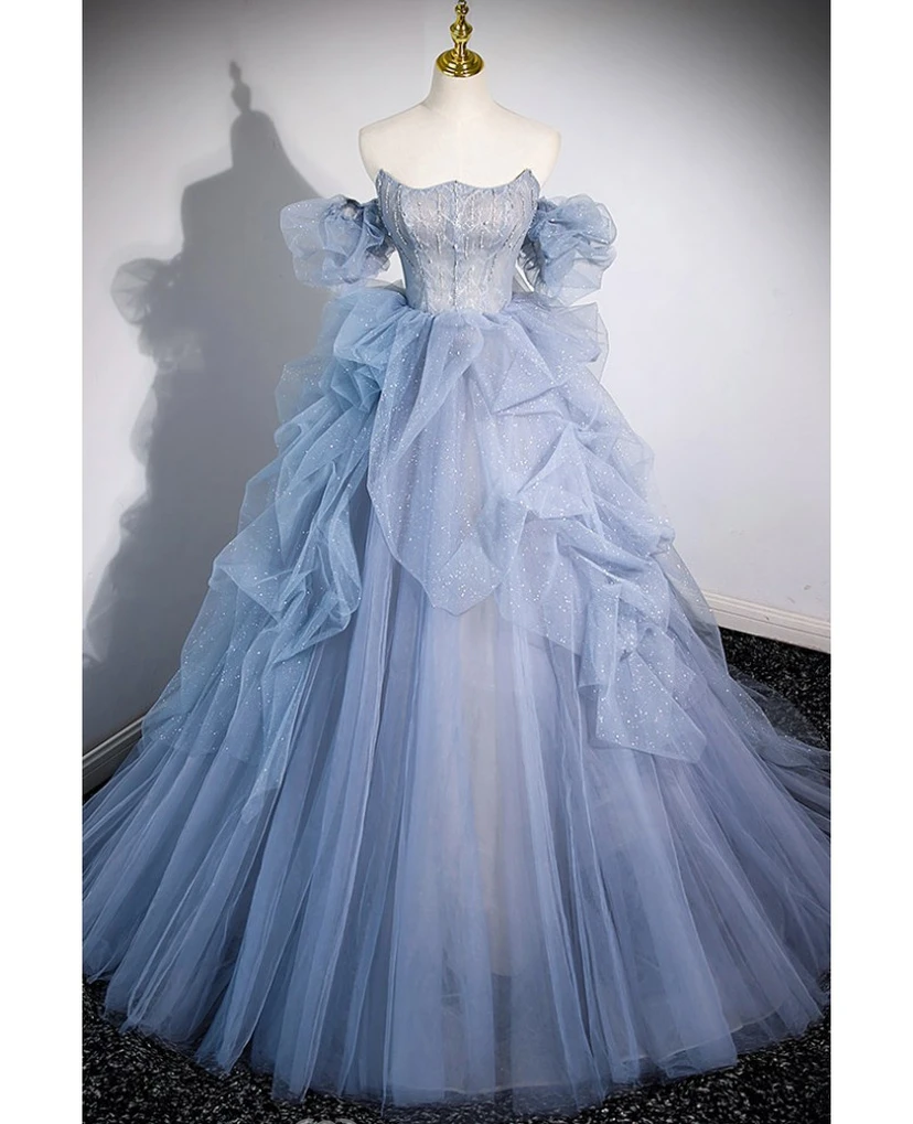 Robe de bal bleu clair à manches volantées view 11