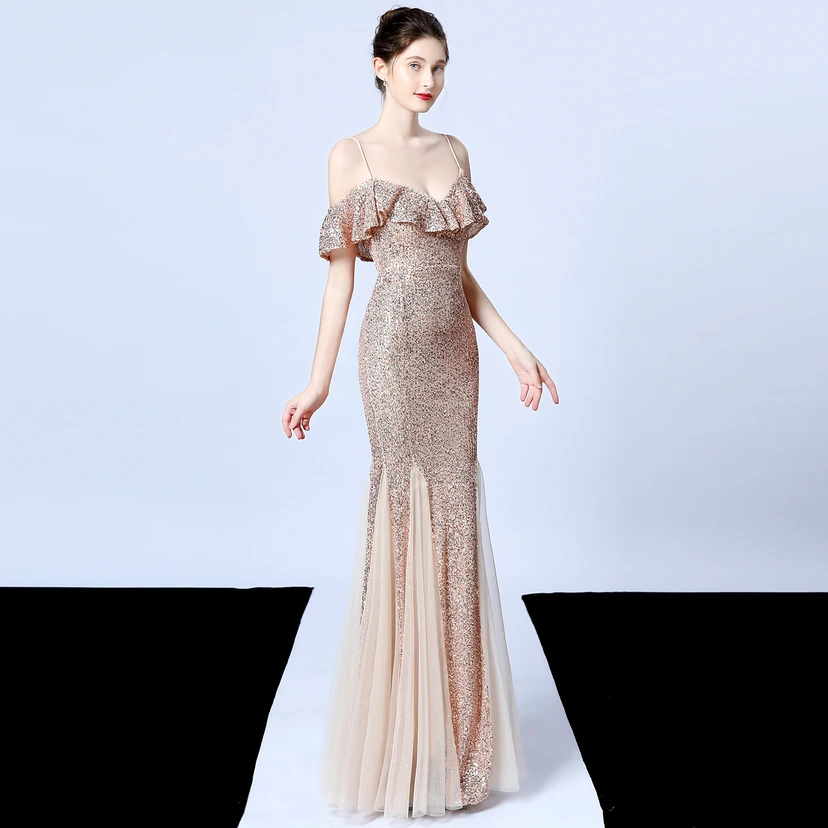 Robe de soirée élégante à franges et sequins en fil de polyester, style sirène, idéale pour un banquet ou une occasion spéciale automne. view 23
