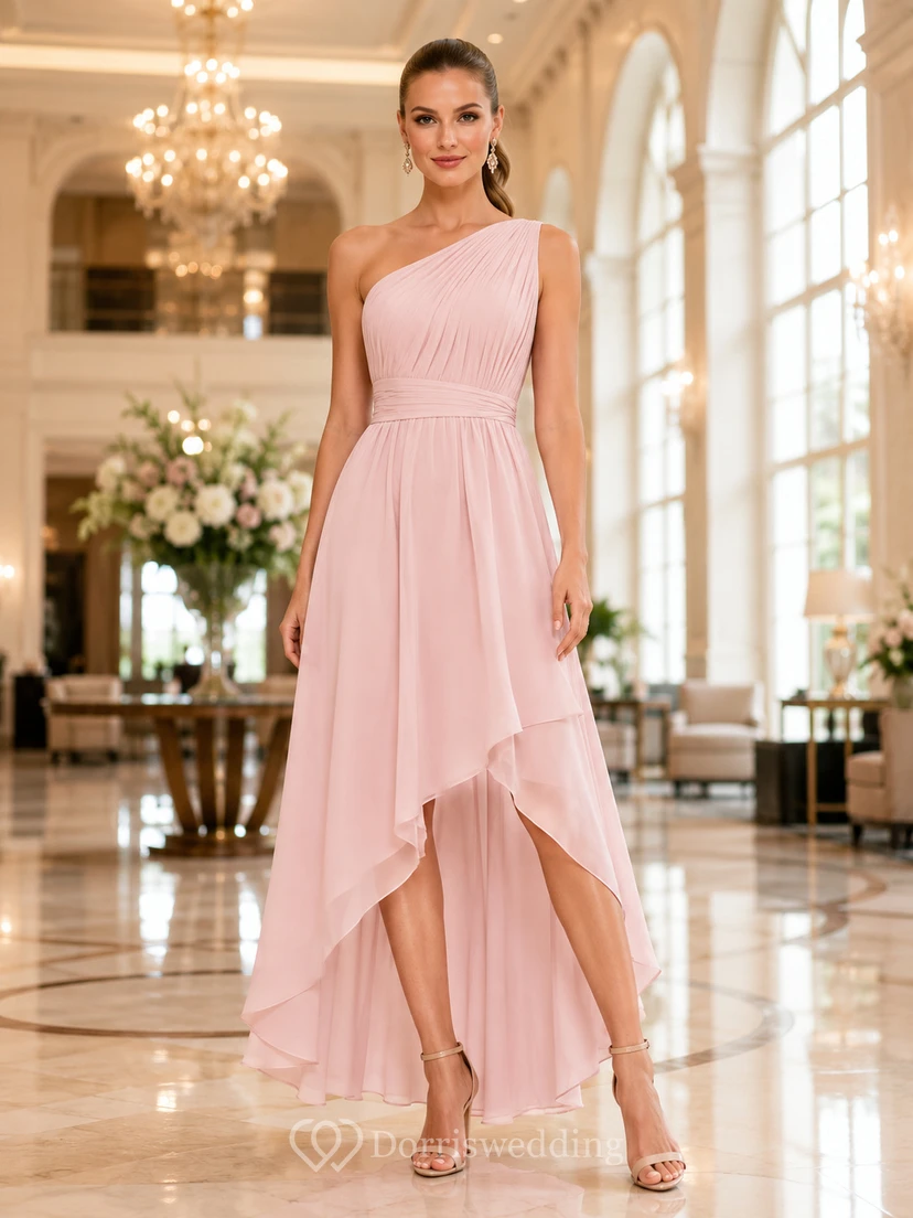 Blush Pink One Shoulder Chiffon High Low A Line Occasion Dress