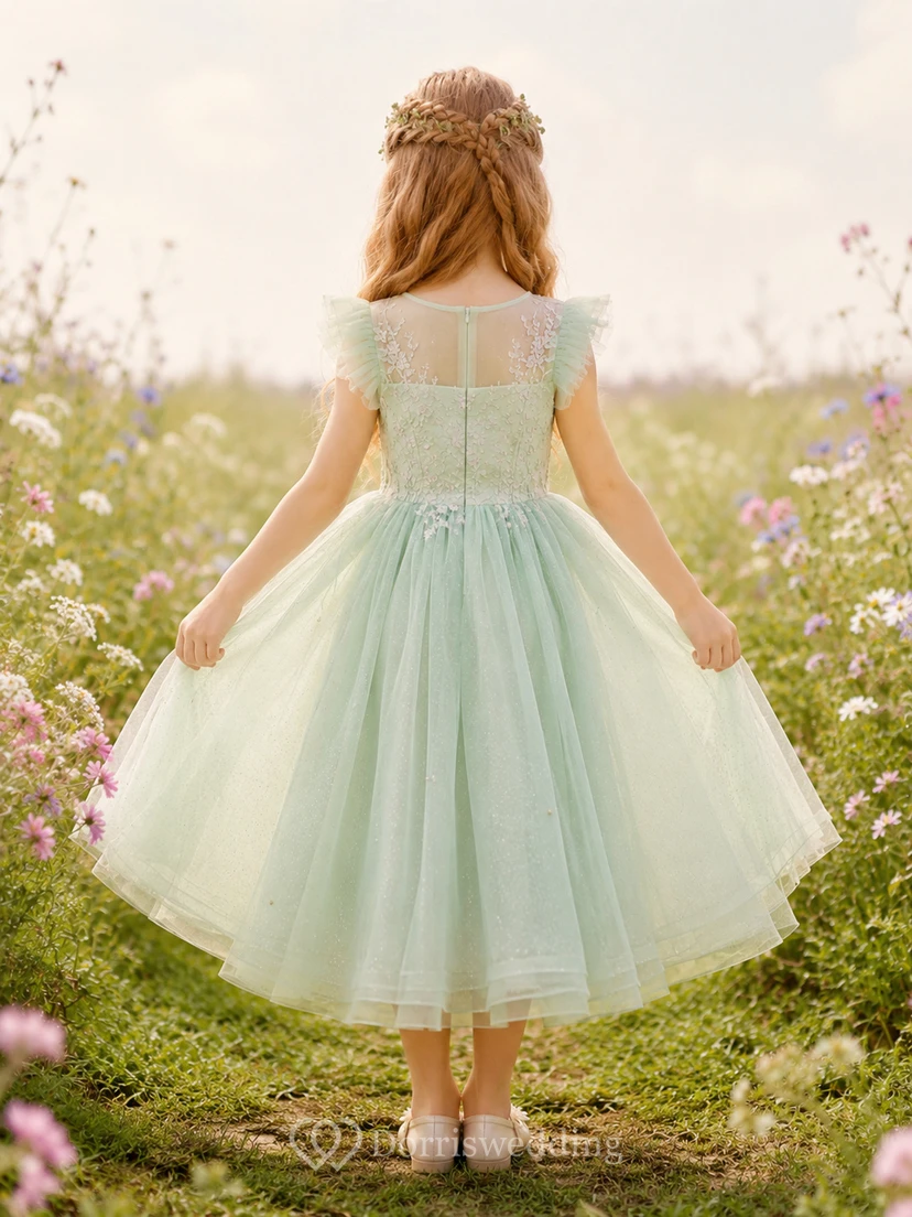 Vestido de niña de las flores, color verde salvia, encaje, tul, corte en A, cuello joya, largo hasta la rodilla. view 2