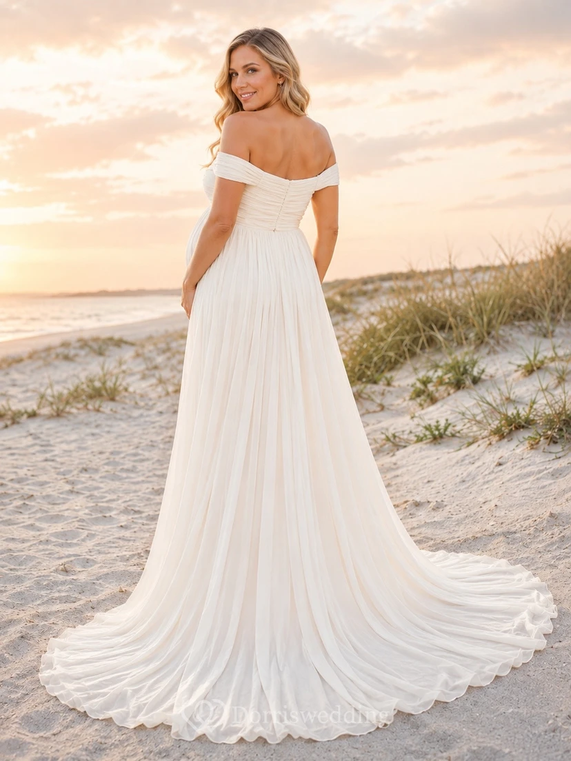 Maternity Empire Beach Off-shoulder Chiffon Sweep Train Photoshoot Gown view 2