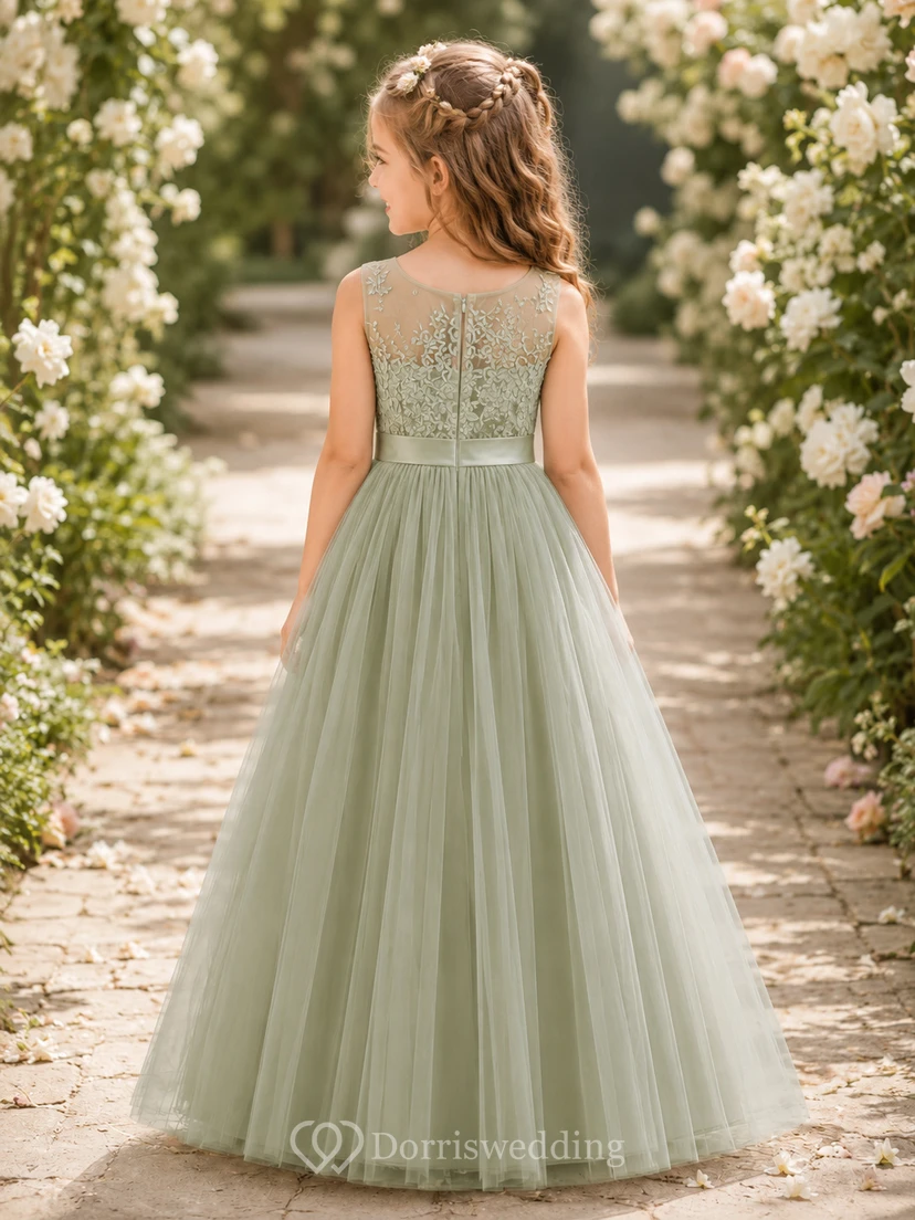 Flower Girl Dress Sage Lace Tulle A-Line Jewel Neck Floor Length view 2
