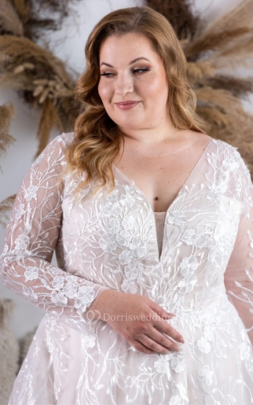Plus Size A Line Tulle Plunging Neckline Wedding Dress with Appliques view 3