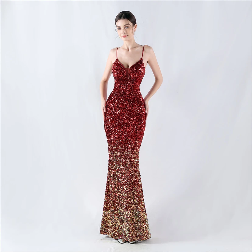 Samtiger, farbverlaufender, perlenbesetzter, sexy Strumpfhalter-Abendkleid view 48