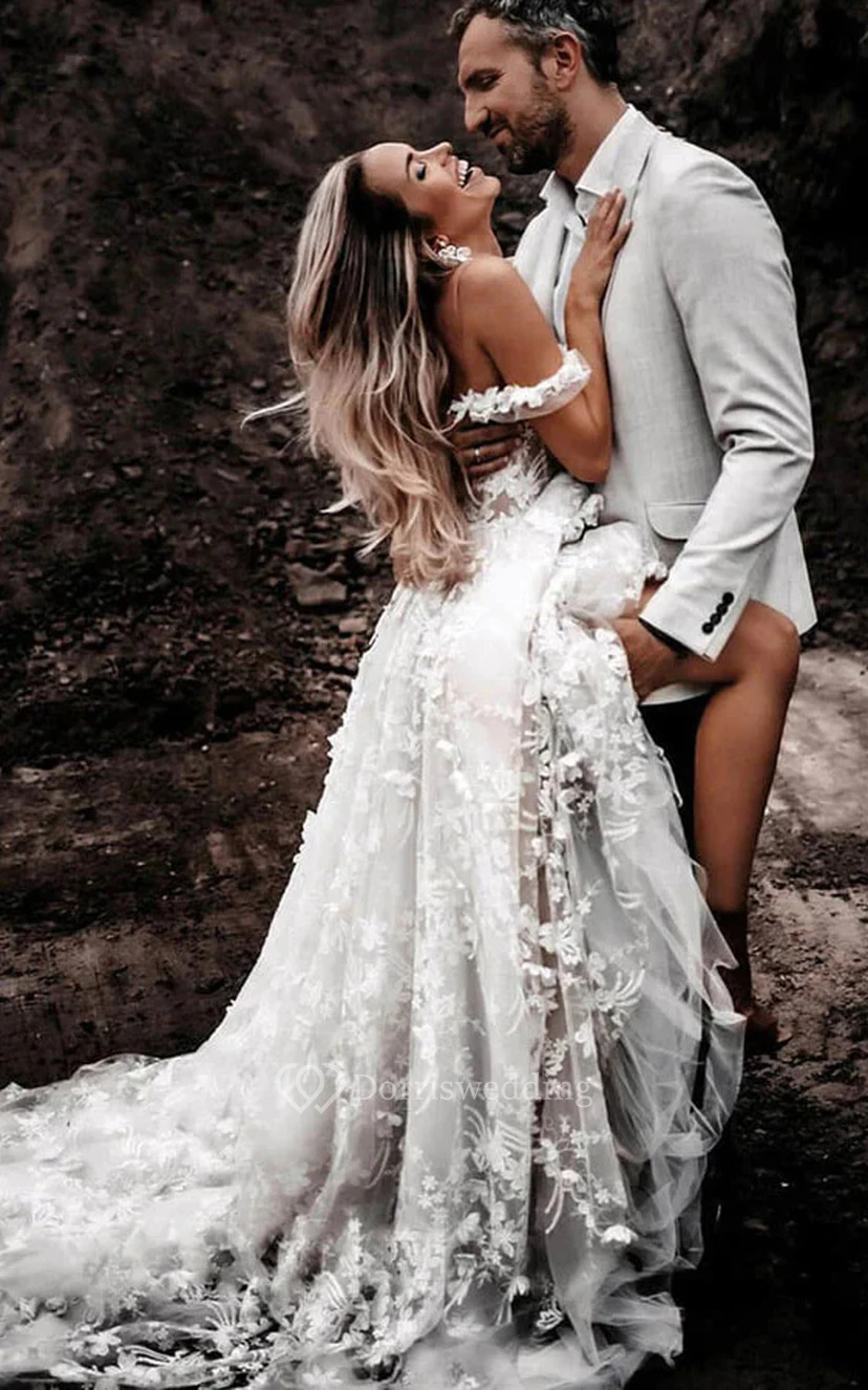 Sexy Country Off-the-shoulder Lace Empire Boho Wedding Dress view 2