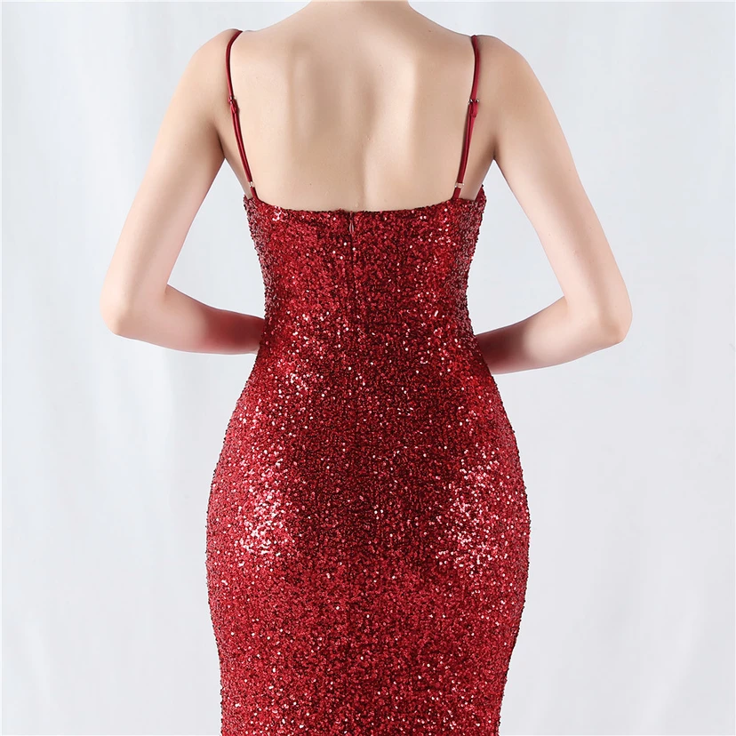 Robe de soirée sexy à sequins et fente haute, avec bretelles et encoche cryptée view 52