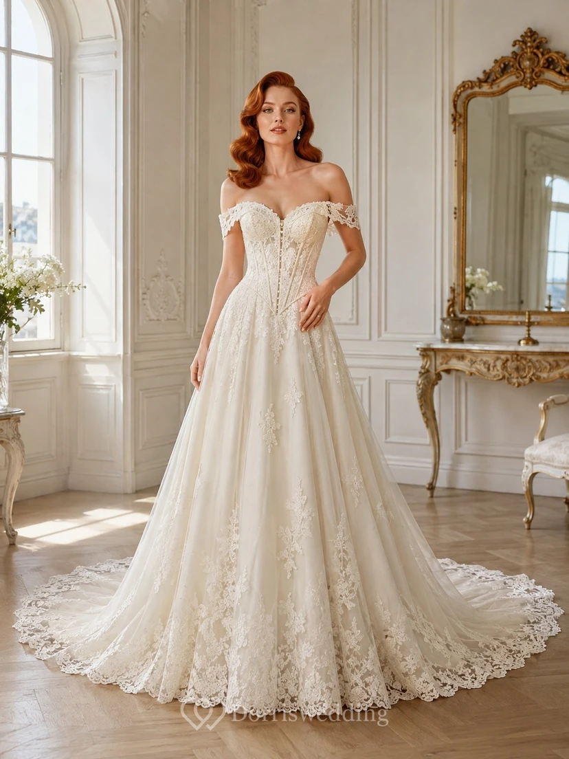 Vestido de novia blanco de encaje con escote de hombros descubiertos y corte en A, estilo vintage romántico.