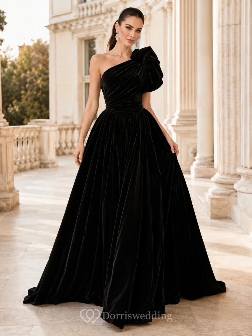 Luxury Black One-Shoulder Floral-Bow Velvet Ball-Gown Floor-Length Formal Evening Dress