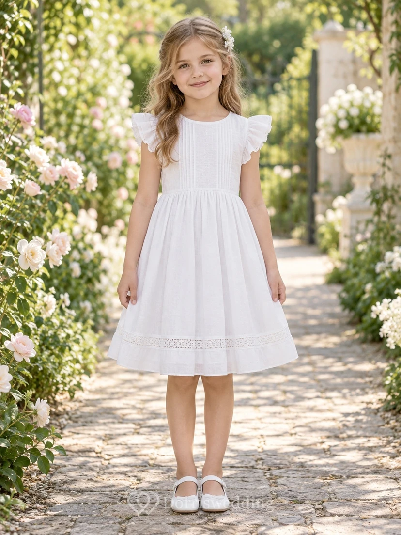 Simple Modest Tea-length White Scoop Double-flutter Pintucked Lace-insert Gathered Gauze Flower Girl Dress