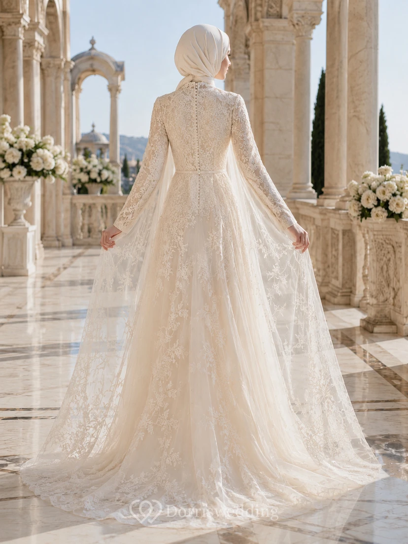 Vestido de novia musulmán modesto con capa de encaje y corte en A. view 2