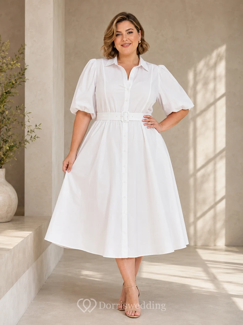 Vestido de cortejo de talla grande, blanco, largo hasta la rodilla, con mangas abullonadas y muescas.