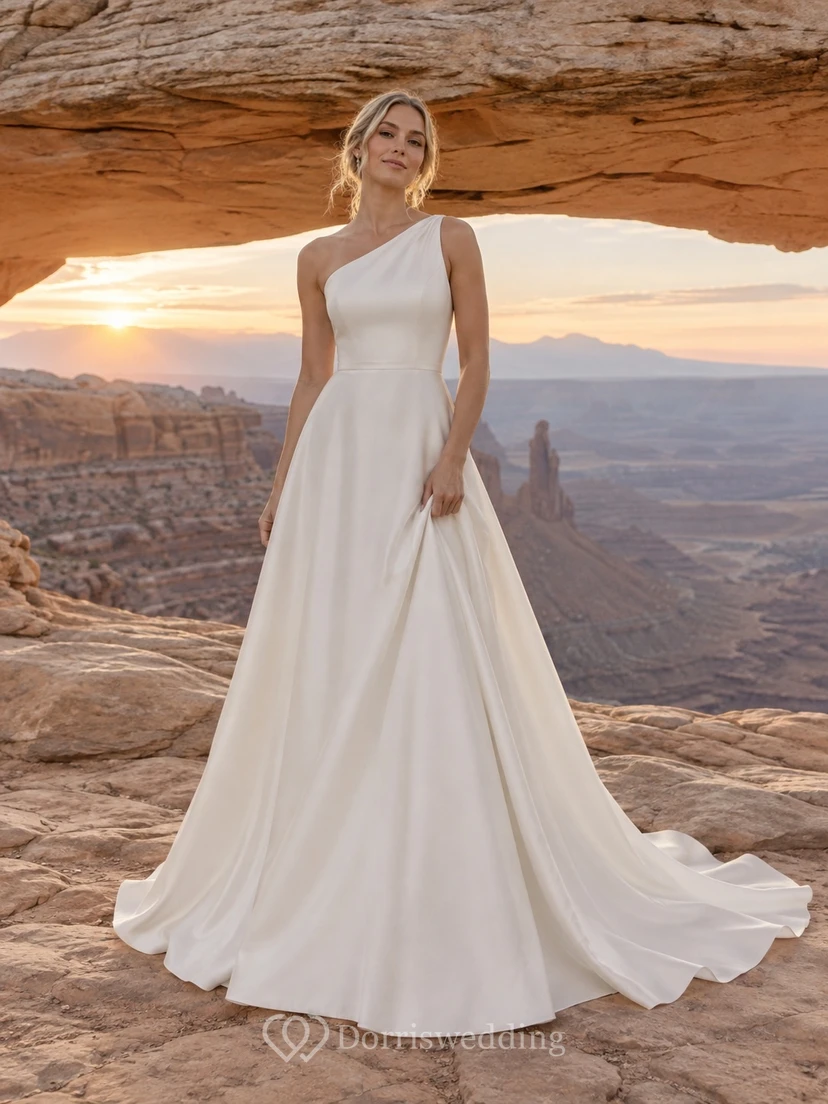 Vestido de novia sencillo de un solo hombro, sin mangas, de crepé liso con espalda satinada y corte en A, largo hasta el suelo.