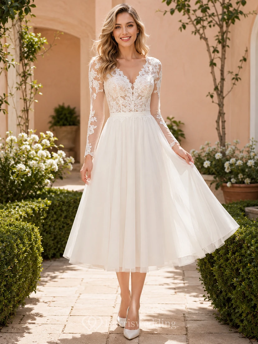 Romantic Civil Tulle A Line V Neck Long Lace Sleeve Tea Wedding Dress