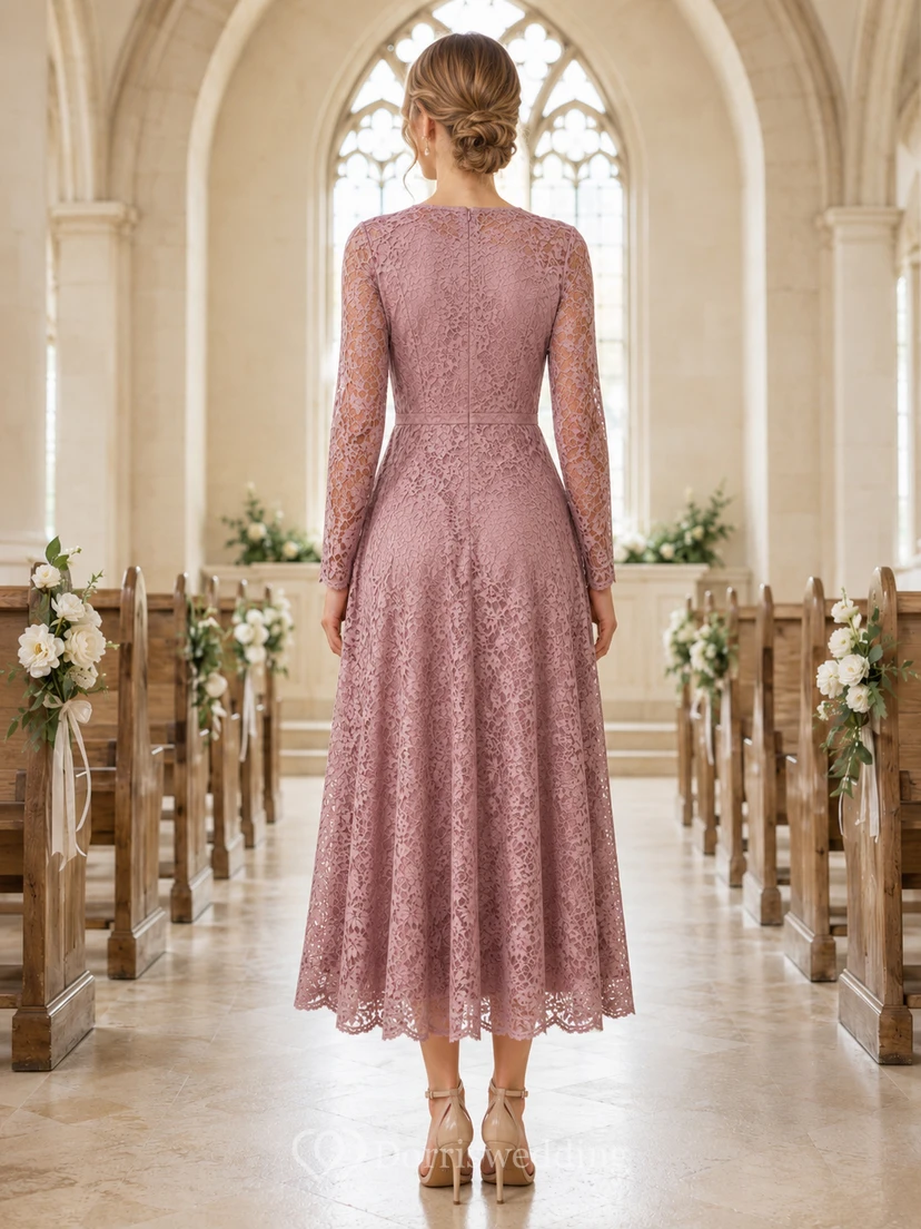 Robe trapèze mauve à manches longues et col rond en dentelle, longueur thé view 2