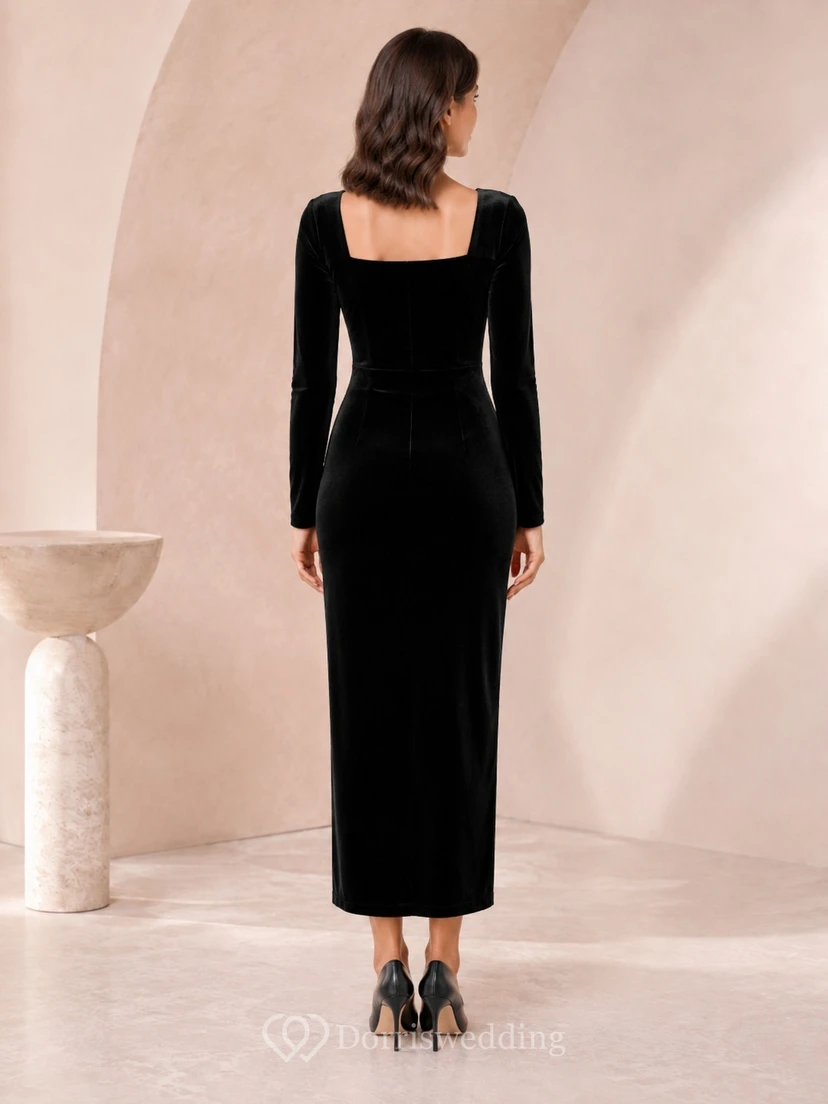 Black Velvet Square Neck Long Sleeve Split Ankle-length Evening Dress view 2