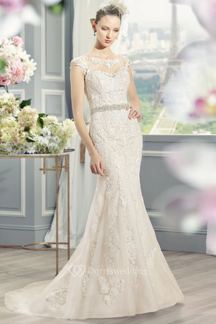 Sheath Scoop-Neck Long-Sleeveless Jeweled Lace Wedding Dress With Appliques And Deep-V Back view 4