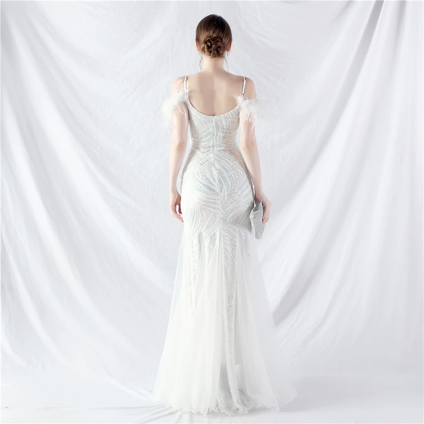 Crafted Ostrich Feather Stacked Sequins Splicing Mesh Gauze High-End Evening Dress Clothes view 66
