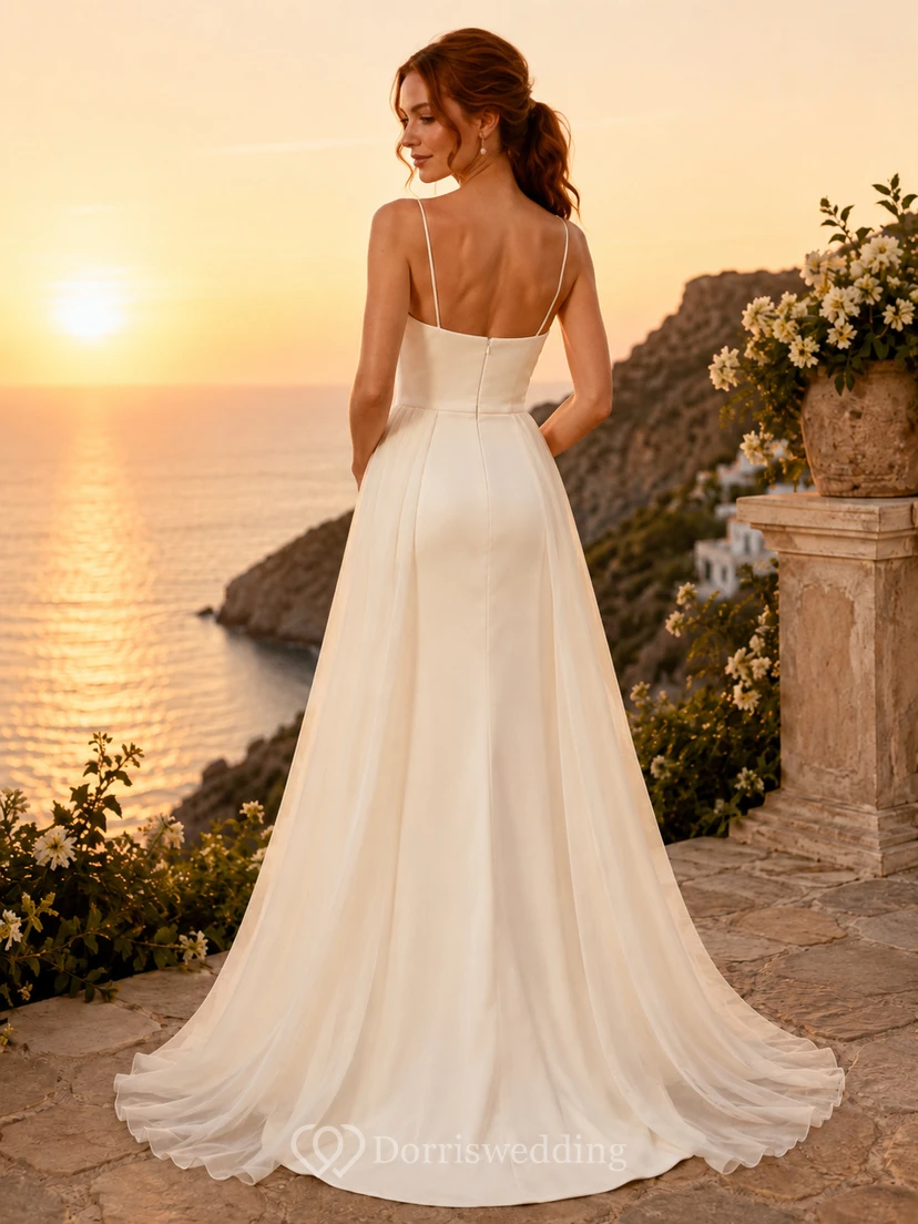 Minimalistisches Chiffon-Brautkleid, A-Linie, eckiger Ausschnitt, ärmellos, kurze Schleppe view 2