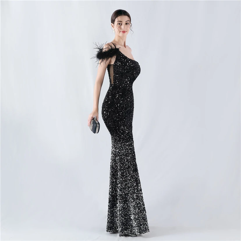 Gradient Velvet Bottom Sequins Craft Beading Ostrich Hair One-Shoulder Oblique Collar High-Slit Evening Dress view 14