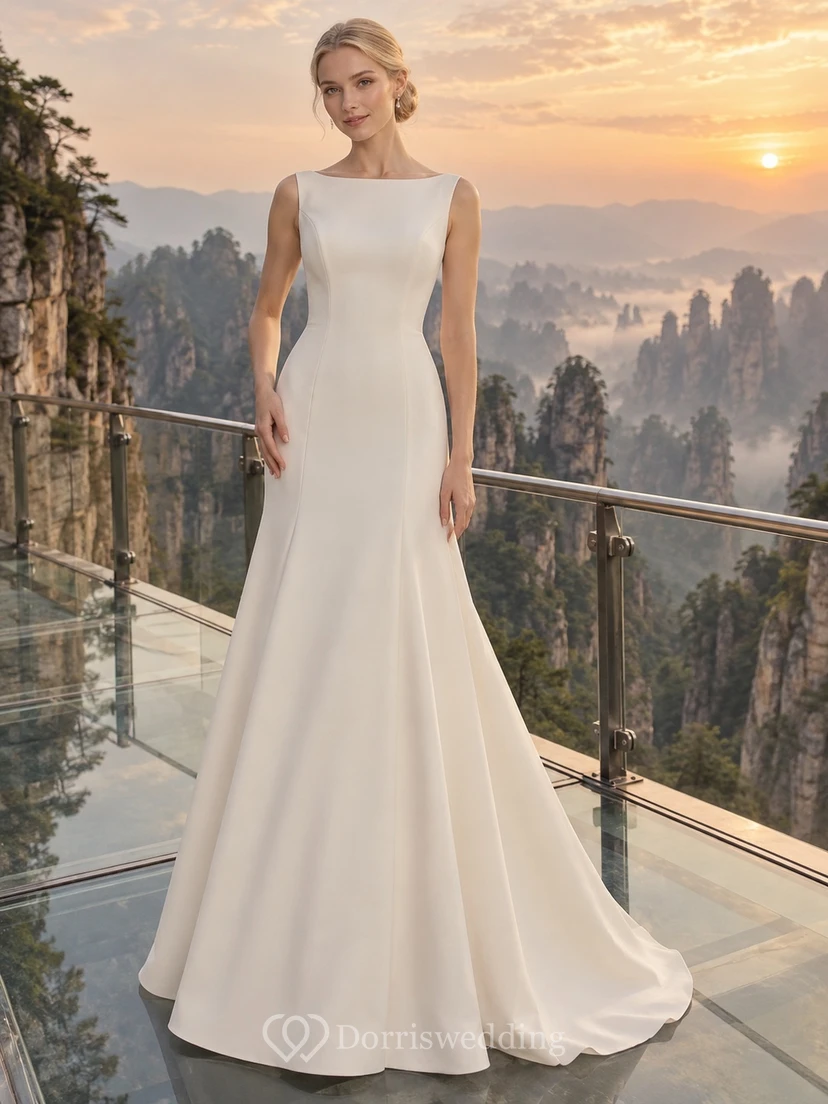 Vestido de novia sencillo y modesto, sin mangas, con escote barco y costuras princesa.