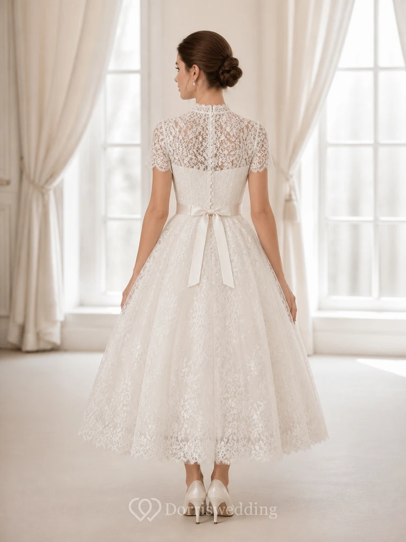 Vestido de novia vintage de satén con cuello alto y fajín, largo hasta la rodilla view 2