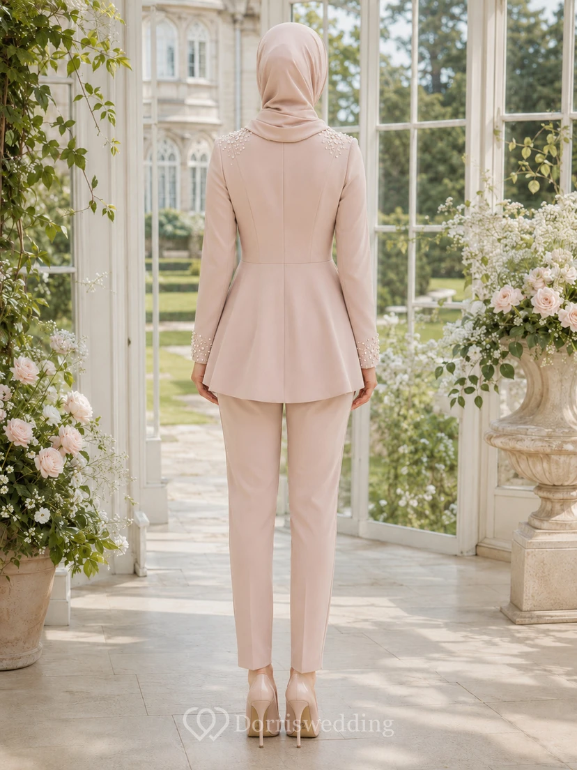 Blushing Pink Muslim Pearl Embellished Short Jacket Wedding Pantsuit view 2