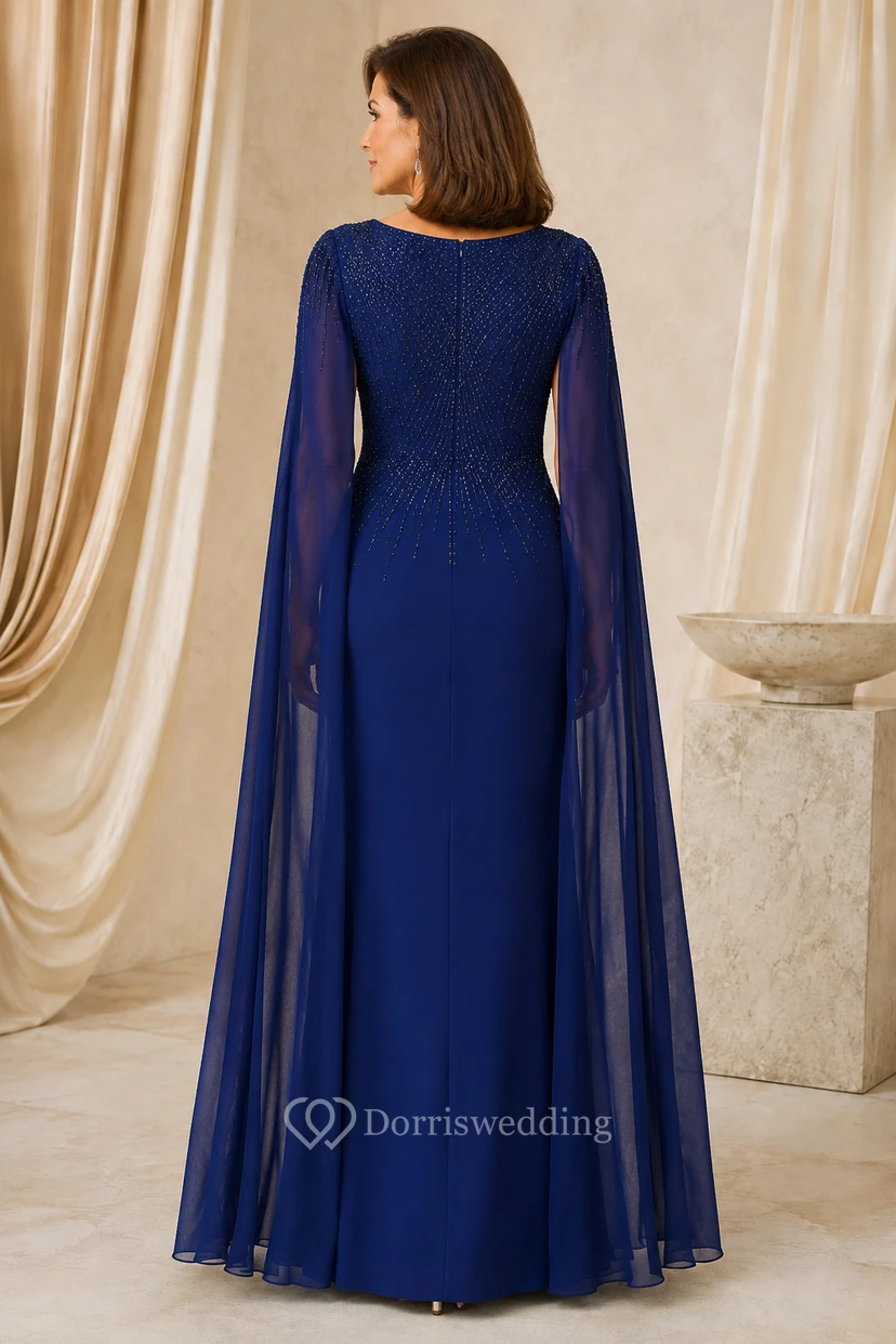 Marineblaues Mutterkleid mit V-Ausschnitt und transparenten Cape-Ärmeln view 2