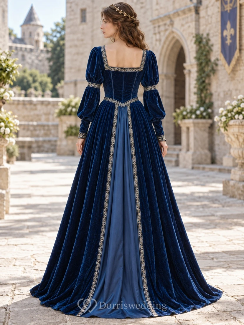 Vestido formal renacentista de terciopelo azul marino oscuro con mangas abullonadas y corsé de manga larga. view 2