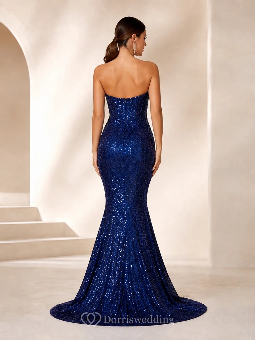 Dark Navy Sequin Strapless Mermaid Formal Gown view 2