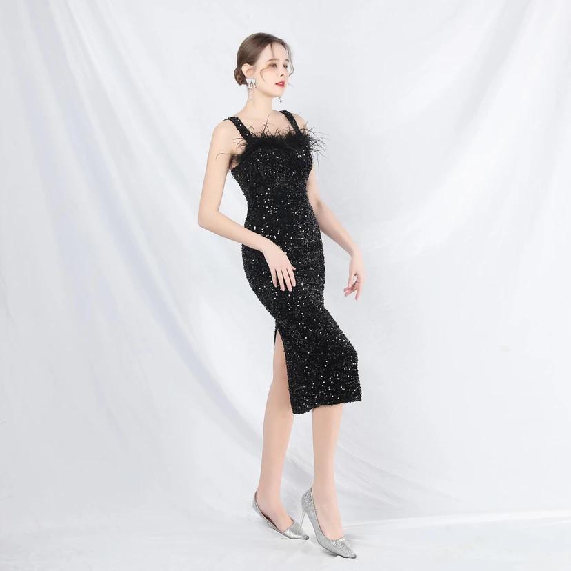 Craft Ostrich Feather Velvet Sequined Evening Dress view 39
